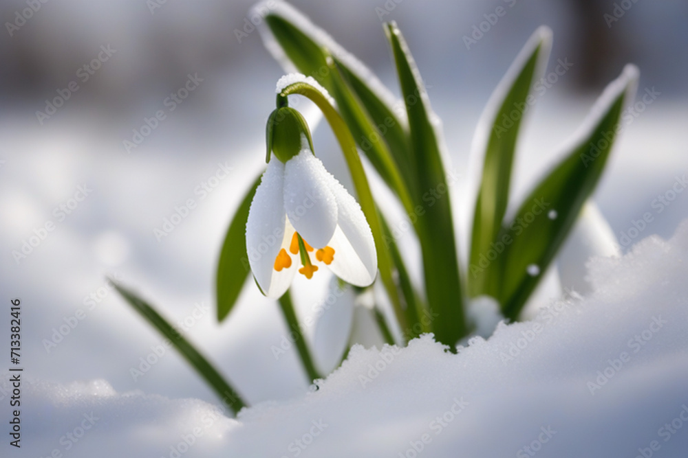 Fototapeta premium First flowers. Spring snowdrops bloom in the snow.