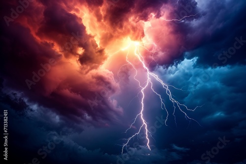 Hyper-realistic image of a lightning bolt splitting a dark, ominous cloud