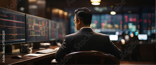 Chinese business people buying stocks wearing suits in an office seated in front of a commanding monitor immersive image tailored for widescreen