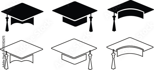 Graduation hat cap icons set. Academic cap. Graduation student black cap and diploma - stock vector. photo