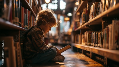 A primary school boy sitting on the floor of a cozy library, leaning against a bookshelf as he immerses himself in the wonderful book he holds in his hands photo