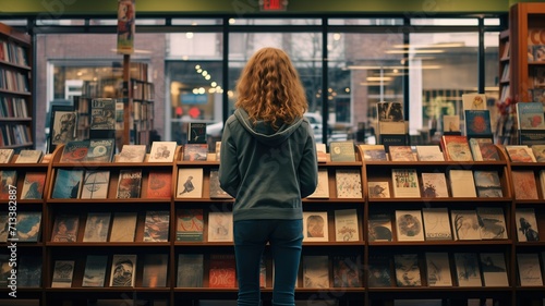 back view of a young girl in front of a bookshelf in a store. photo