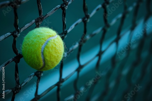 Macro photography of a tennis ball hitting the net, capturing the tension and moment of impact © furyon
