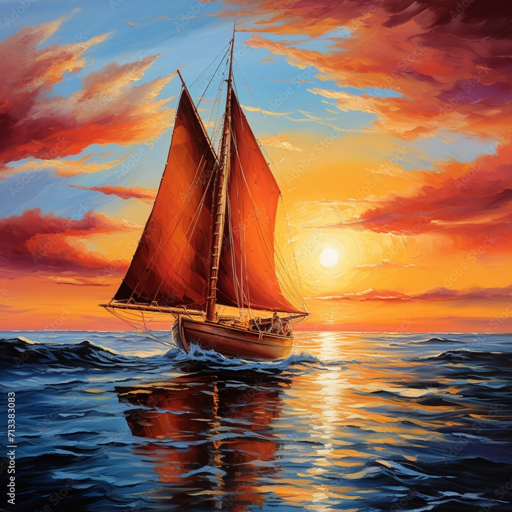 Sunset excellent nice painting sailboat image Generative AI