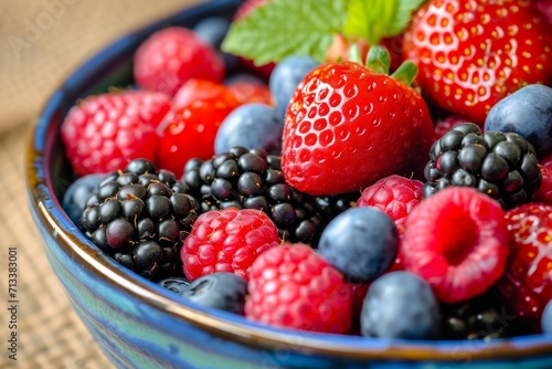 Macro shot of a vibrant bowl of mixed berries  displaying the variety of colors and textures