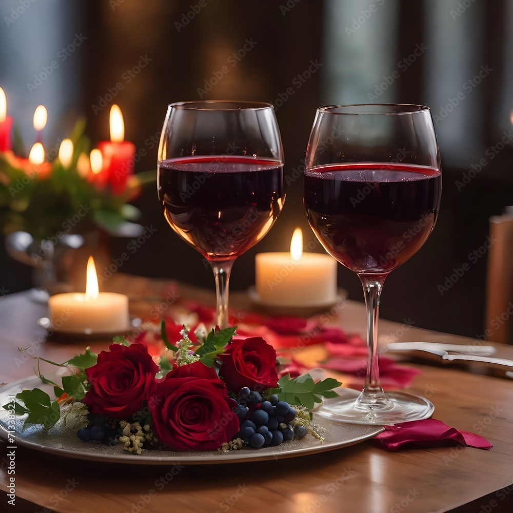 Valentine's Day Concept Romantic dinner. Bouquet of flowers lying on the table, two glasses of red wine and candles on a wooden table. Valentine's Day Concept Romantic dinner. Bouquet of flowers lying on the table, two glasses of red wine and candles on a wooden table.