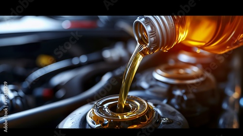 Pouring quality oil into the engine during a maintenance refill. Refilling vehicle transmission or gear with oil. Machine maintenance concept. photo