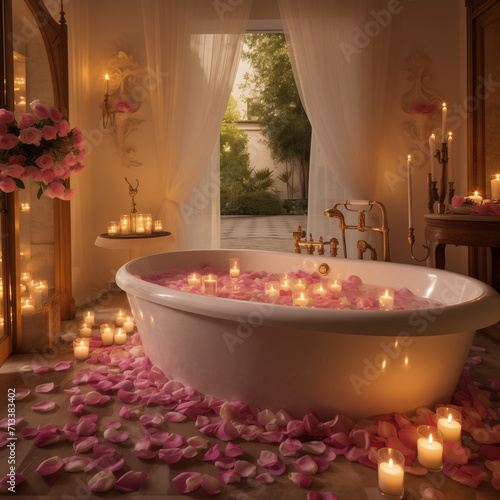 bath in the bathroom with good interior and roses for valentine's day