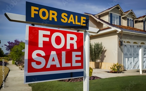 FOR SALE Sign in front of House building for real estate agent, Buy and Sell in Residential Home Property Business 