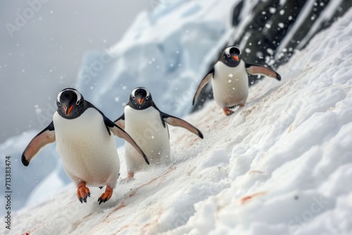 Playful penguins tobogganing down an icy slope in Antarctica photo