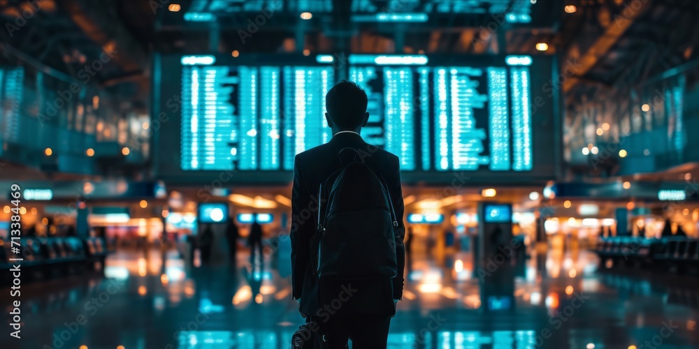 Silhouette of traveler in international airport looking at flight schedules for checking take off time. - obrazy, fototapety, plakaty 
