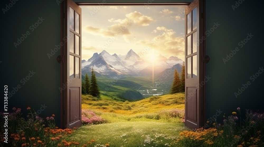 open door shows the way to new world - obrazy, fototapety, plakaty 