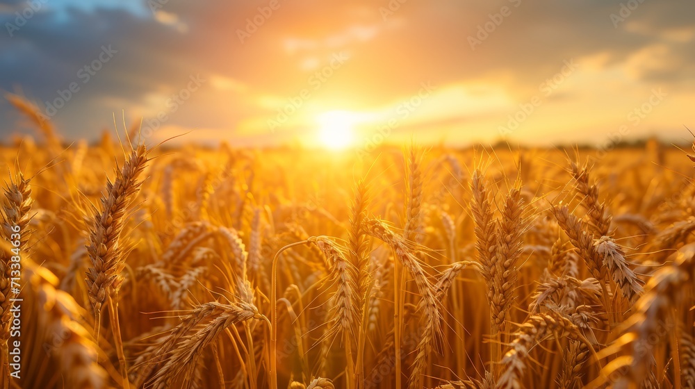 A mesmerizing close-up of golden wheat, bathed in the warm hues of a beautiful sunset landscape, showcasing the intricate details and natural beauty of a tranquil rural setting A mesmerizing close-up of golden wheat, bathed in the warm hues of a beautiful sunset landscape, showcasing the intricate details and natural beauty of a tranquil rural setting