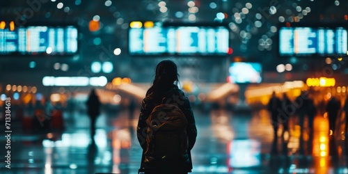 Silhouette of traveler in international airport looking at flight schedules for checking take off time.