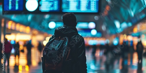 Silhouette of traveler in international airport looking at flight schedules for checking take off time. © YuDwi Studio