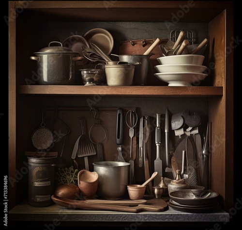 A shelf filled with lots of pots and pans