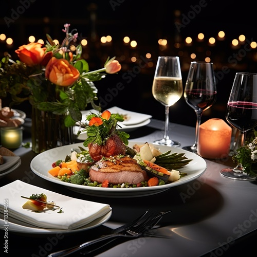 A table topped with plates of food and glasses of wine