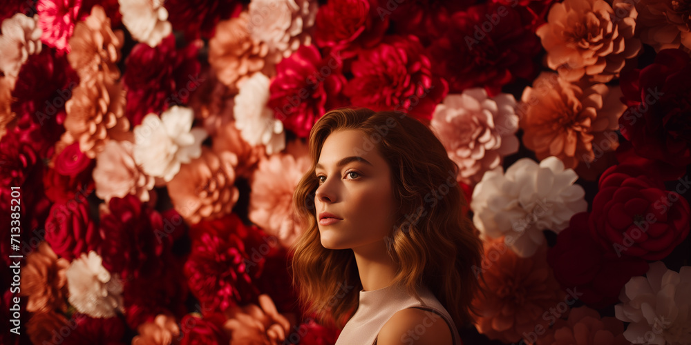 Portrait of a beautiful girl against the background of a wall of large bright flowers Portrait of a beautiful girl against the background of a wall of large bright flowers
