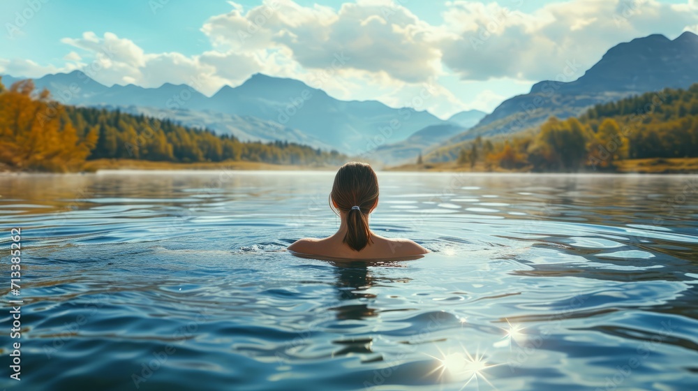young woman swimming at sunset in a romantic calm lake young woman swimming at sunset in a romantic calm lake