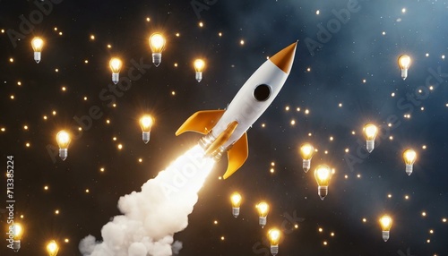 foguete voando para o alto em meio a lâmpadas, crescimento a partir de ideias, negócios