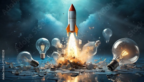 foguete voando de uma base cheia de lâmpadas, crescimento a partir de ideias, negócios photo