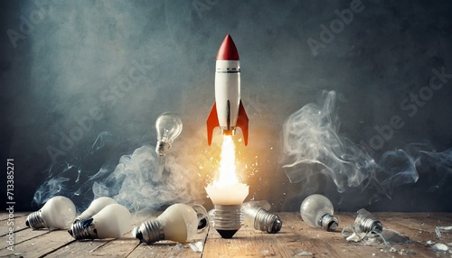foguete partindo de uma base cheia de lâmpadas, crescimento a partir de ideias, negócios