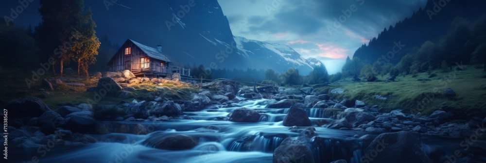 Old romantic illuminated wooden cabin in the mountains by a wild stream torrent at dusk