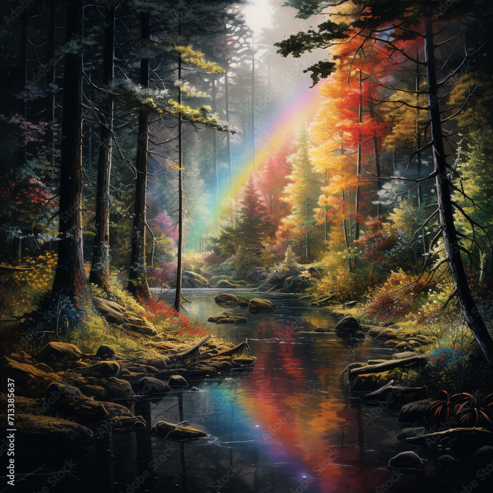 Rainbow lake in a forest