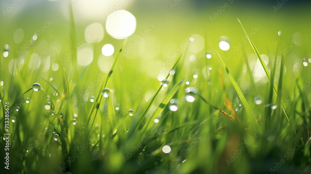 Fototapeta premium Fresh green grass with dew drops close-up. Natural background.