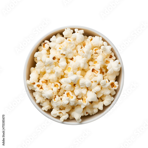 Bowl of White Popcorn, a Portion, from an Overhead View, Isolated on Transparent Background, PNG