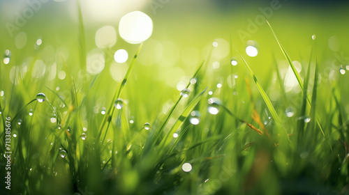 Fresh green grass with dew drops close-up. Natural background.