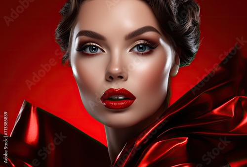 A young woman captured from above, her mouth slightly ajar and eyes closed in an expression of ecstasy. Enhanced with bold fashion, striking makeup, glossy red lipstick