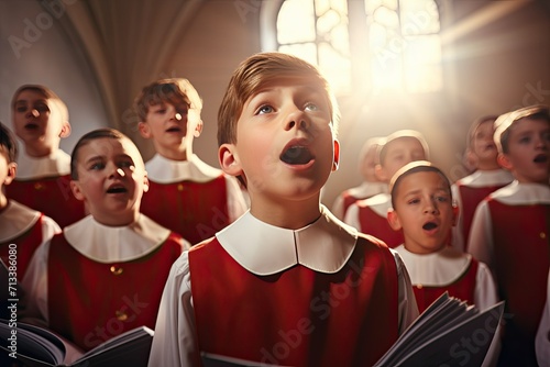 The church choir sings in the church. A group of singing children at a divine service. The boy sings in the church choir.