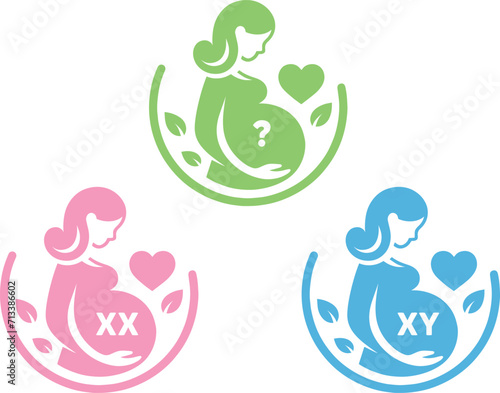 Pregnant woman simple icon logo. Set. Gender of the baby. Sex chromosomes. Boy or girl? XX or XY