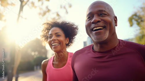 Happy african american couple of middle aged adults jogging through sunlit city streets. Copy space photo