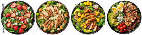Salad plates with green leaves mix and vegetables with avocado or eggs, chicken and fruits on transparent background. Generative AI