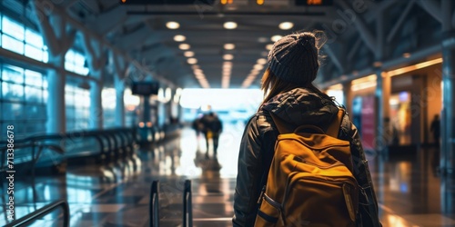 Back view of a young woman with a backpack walking in the airport