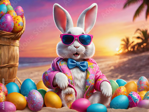 Easter bunny rabbit with sunglasses in bright friendly colors at the beach.