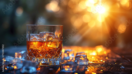 Scotch whiskey in a crystal glass on a wooden table. Ice is scattered on the table. Unusual sun background. Very beautiful illustration. Alcoholic drinks. © A LOT ABOUT EVERYTHI