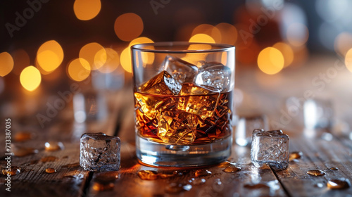 Scotch whiskey in a crystal glass on a wooden table. Ice is scattered on the table. Unusual sun background. Very beautiful illustration. Alcoholic drinks.