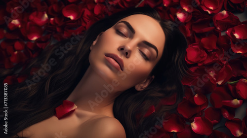 Softfocused portrait of a beautiful brunette woman with closed eyes, lies on the red roses petals photo