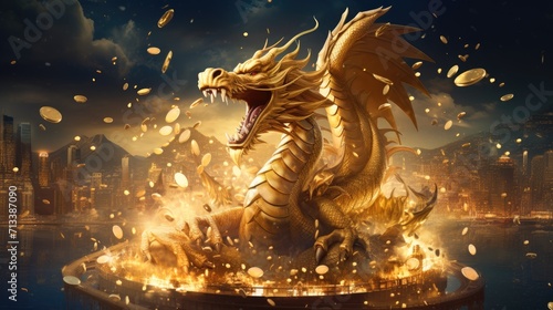 Large golden dragon made of golden coins bring prosperity for dragon year