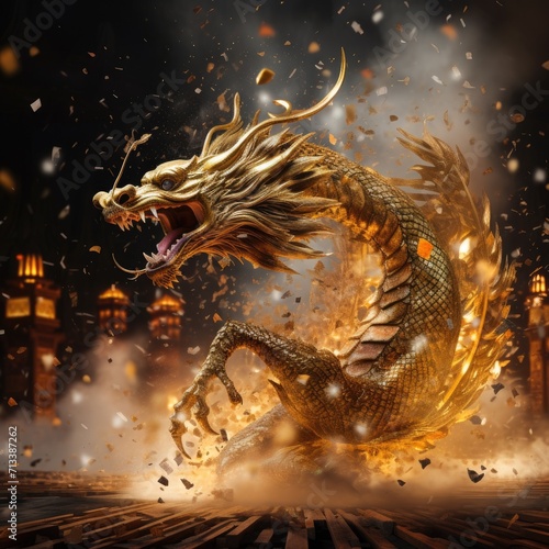 Large golden dragon made of golden coins bring prosperity for dragon year