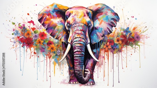 Abstract, colorful painting of an Elephant with a floral background photo