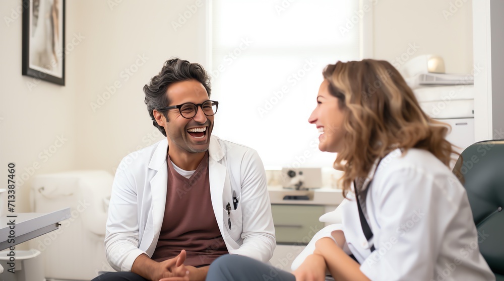 Health care professionals laughing at each other Health care professionals laughing at each other