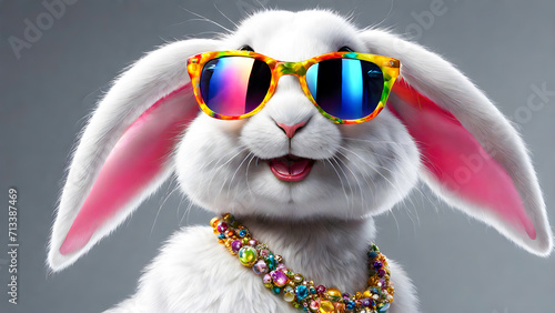 Glamorous Easter bunny rabbit with sunglasses and colorful necklace in bright friendly colors. 