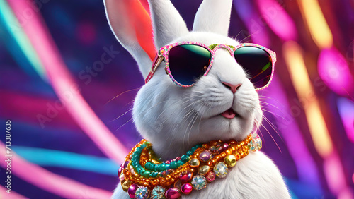 Glamorous Easter bunny rabbit with sunglasses and colorful necklace in bright friendly colors. 