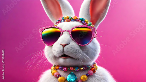 Glamorous Easter bunny rabbit with sunglasses and colorful necklace in bright friendly colors. 