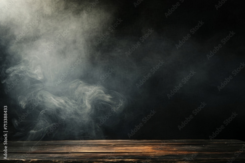smoke pours onto a wooden table on black background Generative AI
