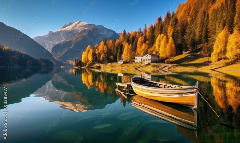 A Serene Boat Floating on a Tranquil Lake Surrounded by a Lush Forest